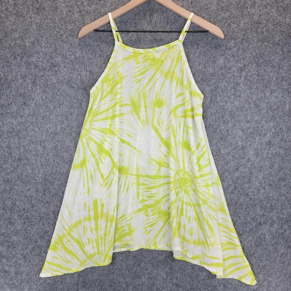 Miken Swim Cover Up Womens L Neon Green Tie Dye Sheer Swing Shark Bite Hem Beach